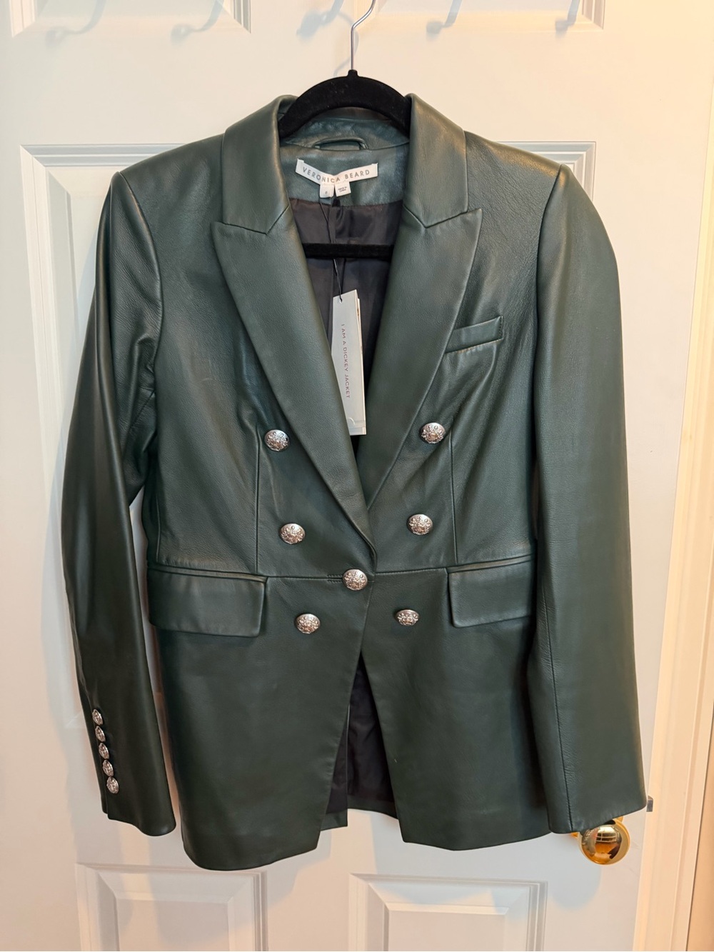 Double-Breasted Dark Green Leather Blazer - Picture 2 of 8